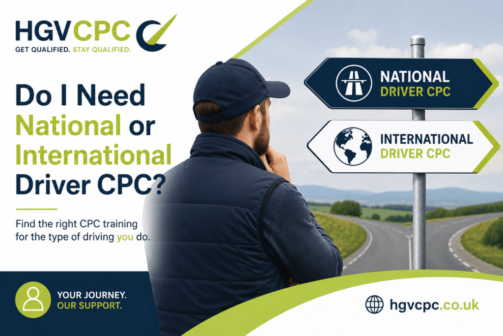 Driver looking at a signpost showing National Driver CPC and International Driver CPC routes